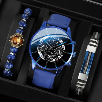 Casual Business Men's Leather Watch with Calendar and Three-Eye Design, Quartz Wristwatch Set