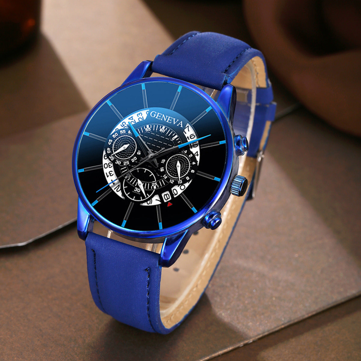 Casual Business Men's Leather Watch with Calendar and Three-Eye Design, Quartz Wristwatch Set
