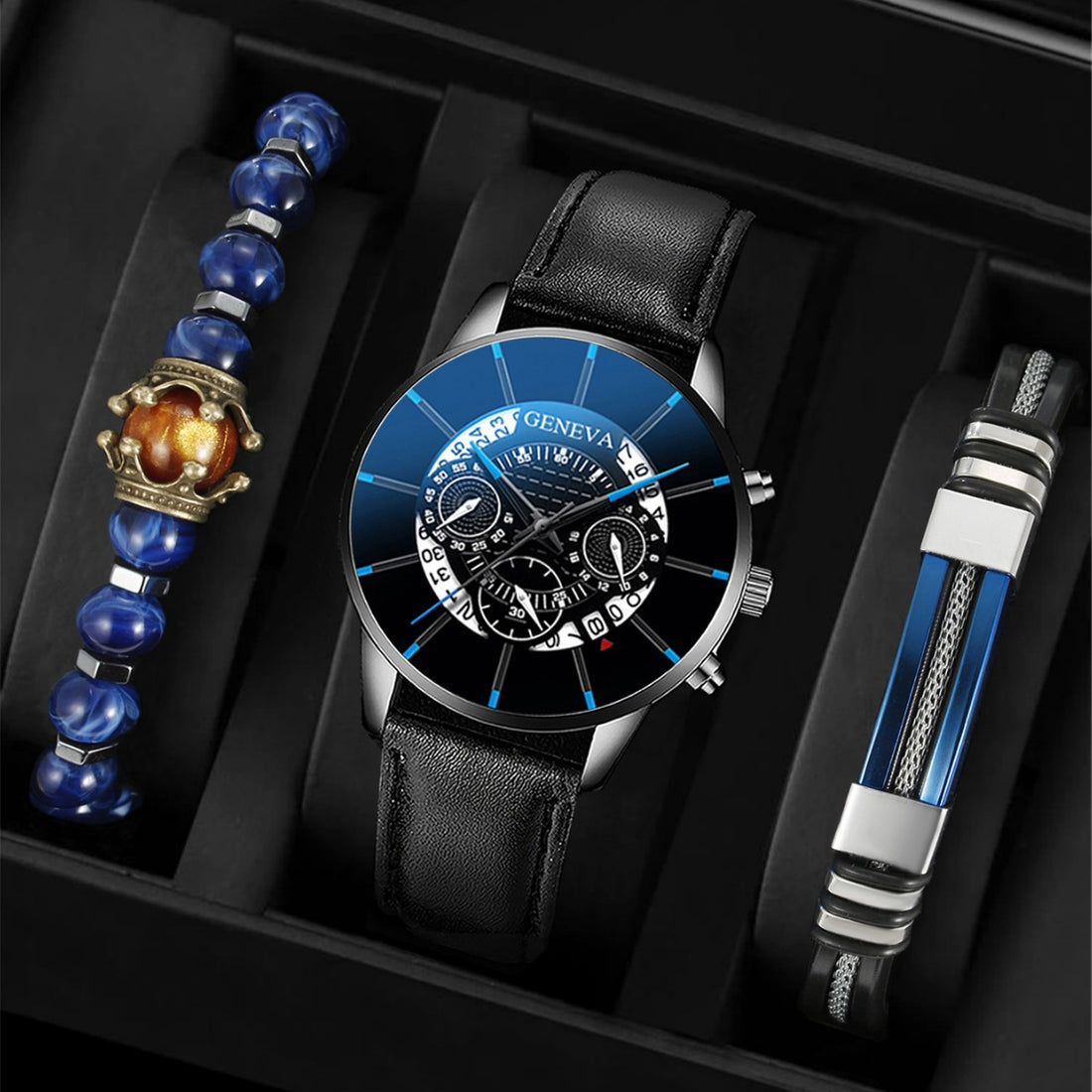 Casual Business Men's Leather Watch with Calendar and Three-Eye Design, Quartz Wristwatch Set