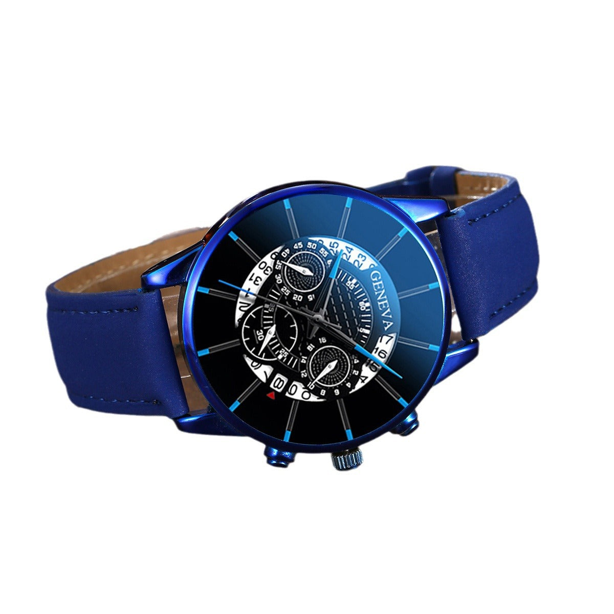 Casual Business Men's Leather Watch with Calendar and Three-Eye Design, Quartz Wristwatch Set